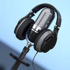 Black Headphones over Microphone. 3d Rendering