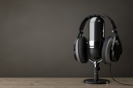 Black Headphones over Microphone. 3d Rendering