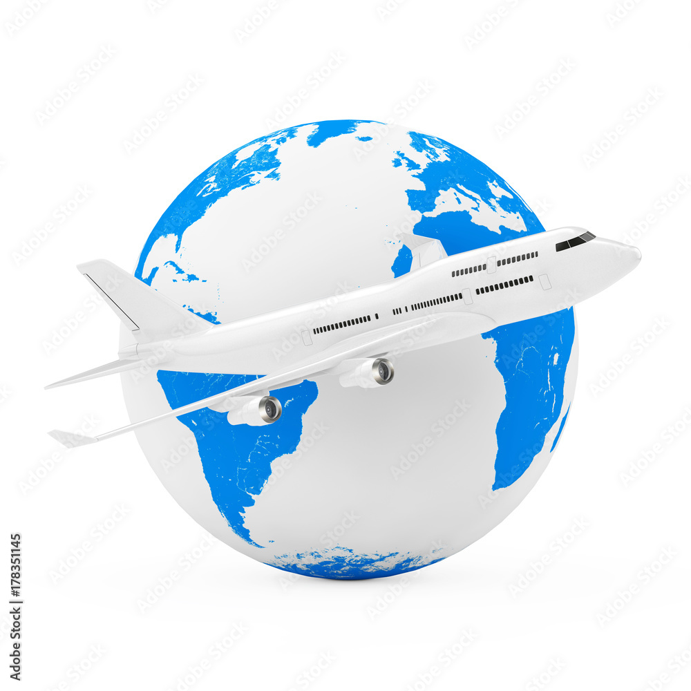 Poster flying around the world concept. white jet passenger's airplane near earth globe. 3d rendering