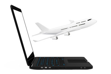 Modern Laptop Computer with White Jet Passenger's Airplane Flying out from Screen. 3d Rendering