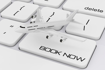 White Jet Passenger's Airplane over Computer Keyboard with Book Now Sign. 3d Rendering
