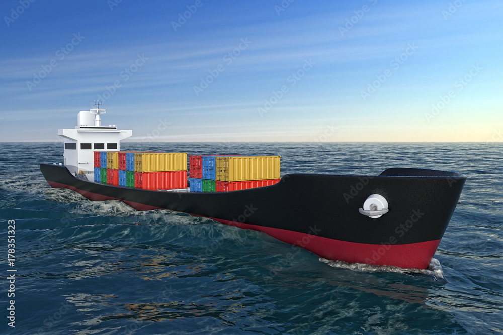 Poster business logistic concept. tanker or container cargo ship moving in ocean water. 3d rendering
