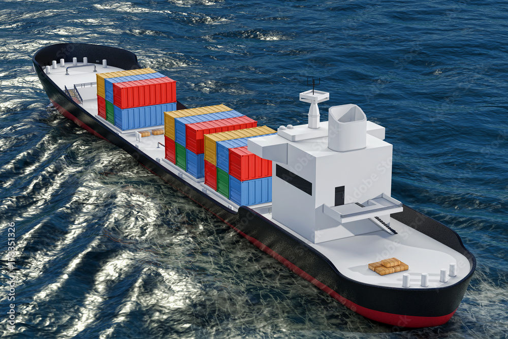 Poster business logistic concept. tanker or container cargo ship moving in ocean water. 3d rendering