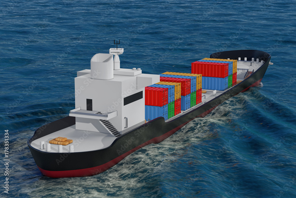 Poster business logistic concept. tanker or container cargo ship moving in ocean water. 3d rendering