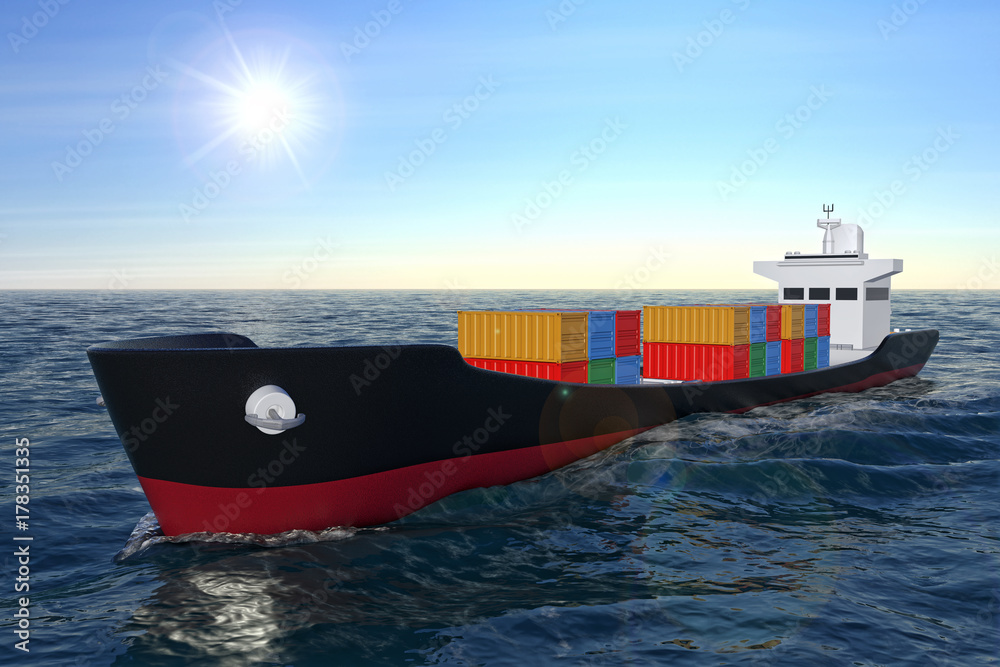 Poster business logistic concept. tanker or container cargo ship moving in ocean water. 3d rendering