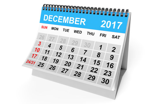 Calendar December 2017. 3d Rendering
