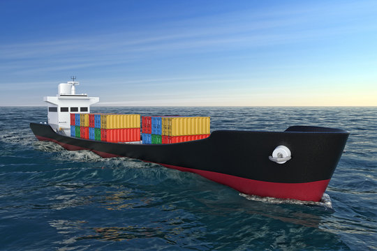 Business Logistic Concept. Tanker or Container Cargo Ship Moving in Ocean Water. 3d Rendering
