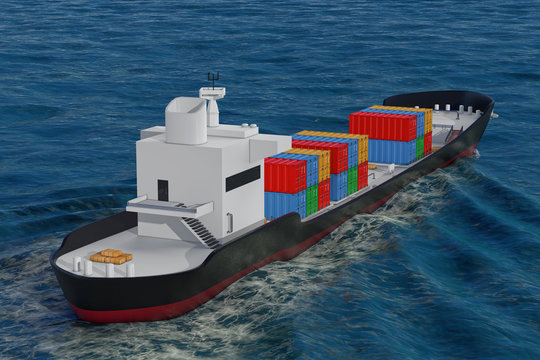 Business Logistic Concept. Tanker or Container Cargo Ship Moving in Ocean Water. 3d Rendering