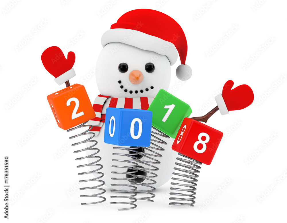 Poster new year concept. snowman near christmas spring cubes with 2018 new year sign. 3d rendering