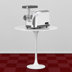 White Electric Meat Grinder over White Round Table in Room with Red Carpet Floor and White Wall. 3d Rendering