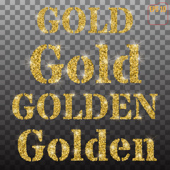 The words "Gold" and "Golden" In capitals and lowercase letters of golden sand and confetti with glitter on a transparent background