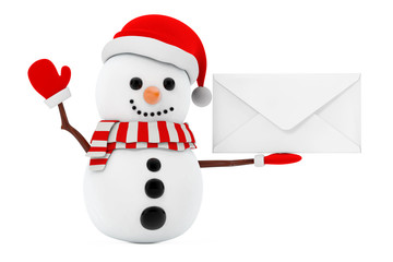 New Year Concept. Snowman with Blank White Envelope. 3d Rendering