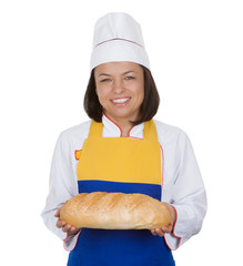 Beautiful Young Woman Baker Holding Fresh Bread in Her Hands