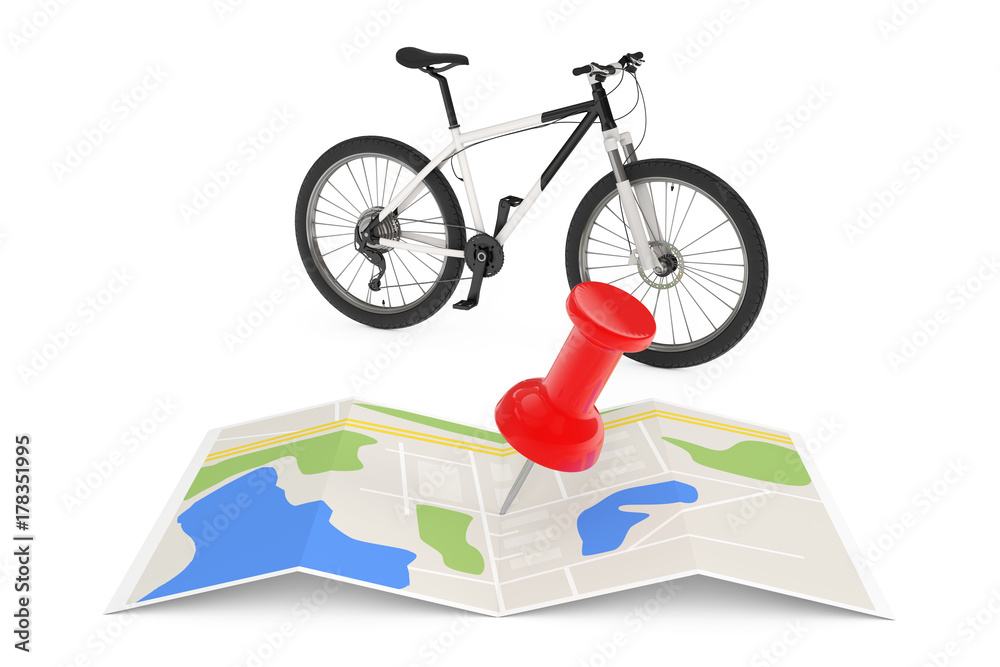 Aufkleber black and white mountain bike near folded abstract navigation map with pin. 3d rendering