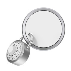 Security Concept. Glossy Badge with Blank Space for Yours Sign Locked by Padlock. 3d Rendering