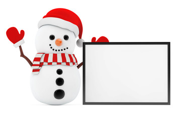 New Year Concept. Snowman with Blank Banner with Copy Space for Yours Design. 3d Rendering
