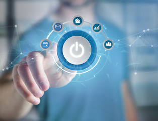 Power button symbol with computer app displayed on a futuristic interface