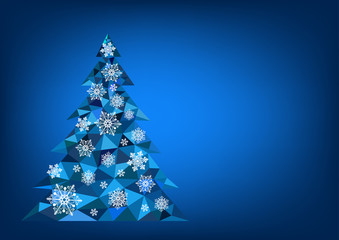 Abstract polygonal Christmas tree with snowflakes on a blue background