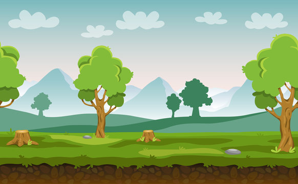 Flat cartoon vector seamless landscape with trees, hills and mountains in the background for your game