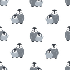 Monochrome seamless pattern with cute pair of embracing mother and baby penguins on white background. Funny flat cartoon arctic birds. Vector illustration for wallpaper, textile print, backdrop.