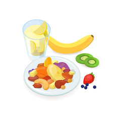 Delicious healthy breakfast consisted of nuts and sliced fresh and dried fruits lying on plate and glass of homemade lemonade isolated on white background. Tasty morning food. Vector illustration.