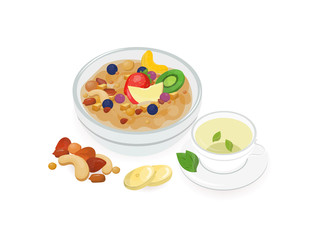 Bowl of tasty oat porridge decorated with fresh tropical fruits and cup of hot green tea isolated on white background. Homemade cereal dish, healthy breakfast meal. Colorful vector illustration.