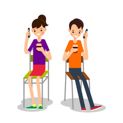 Man and woman sit, drink coffee and talking on phone