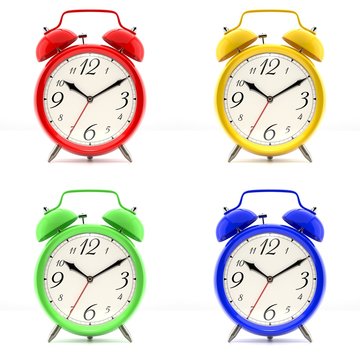 Set of 4 colorful alarm clocks