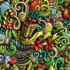 Cartoon cute doodles New Year seamless pattern