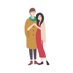 Fototapeta premium Pair of young women wearing fashionable clothing, standing together, embracing and smiling. Modern lesbian couple. Flat cartoon characters isolated on white background. Colorful vector illustration.