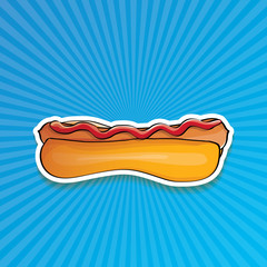 vector cartoon american hotdog sticker on blue background. Vintage hot dog poster or icon design element collection.