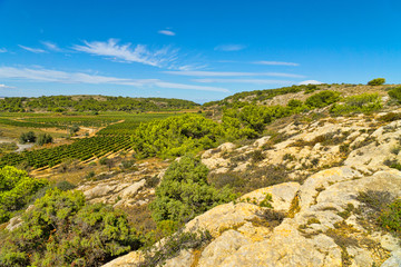 Fototapeta na wymiar Blick in die schöne Landschaft in der Region um die kleine französische Ortschaft Gruissan mit seinen Hügeln, Felsen und Weinreben in Südfrankreich