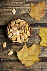 Roasted pumpkin seeds, top view