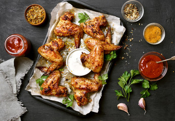 Baked chicken wings on baking tray