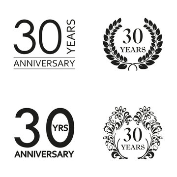 30 years anniversary set. Anniversary icon emblem or label collection. 30 years celebration and congratulation decoration element. Vector illustration.
