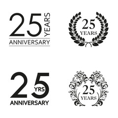 25 years anniversary set. Anniversary icon emblem or label collection. 25 years celebration and congratulation decoration element. Vector illustration.