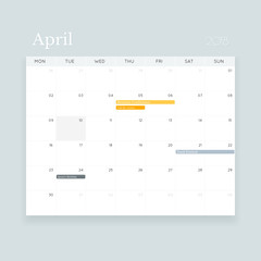 Simple minimalistic editable vector April 2018 event calendar template