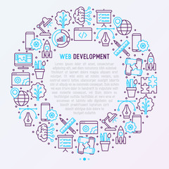 Fototapeta na wymiar Web development concept in circle with thin line icons of programming, graphic design, mobile app, strategy, artificial intelligence, optimization, analytics. Vector illustration for web page.
