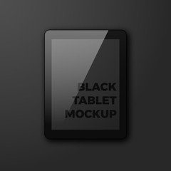 Realistic vector tablet on black background. Stylish black pad with blank empty screen mockup template with copyspace for your design.