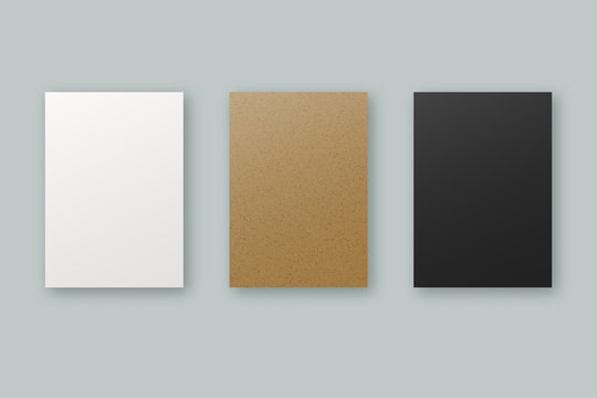 Realistic paper sheet vector templates. Blank empty clean white, kraft brown and black paper sheet mockups set with copy space for your design.