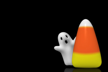 Halloween ghost flying behind a large candy corn isolated on black background.
