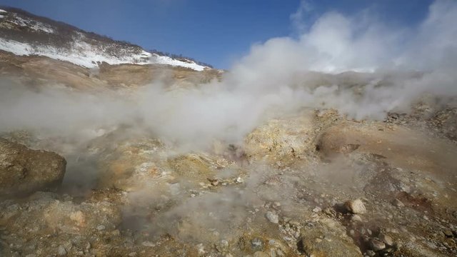 Nature of Kamchatka Peninsula - Dachnye Hot Springs at active Mutnovsky Volcano: geothermal field, activity of natural volcanic sulfur hot springs erupting from fumaroles clouds of hot gas, steam.