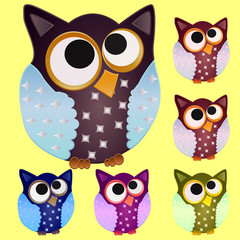 Set of six Brown owl with blue wings in stars and eyes centered on the center