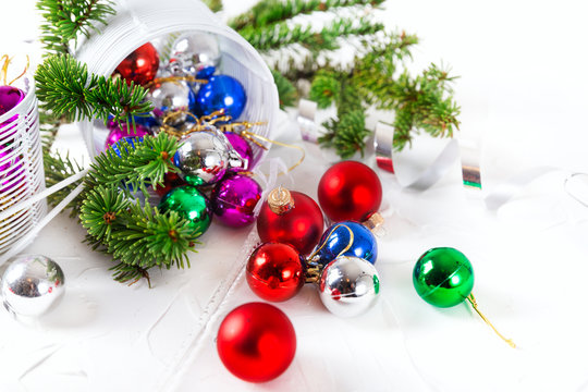 Christmas baubles decoration white background