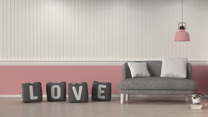 simple living room  sofa in front of white and pink wall interior design 3D illustration,valentine love pillow decoration room with lamp