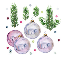Set of watercolor illustrations: fir tree branches, glass Christmas balls and confetti. Xmas or New Year decoration for cards, logo