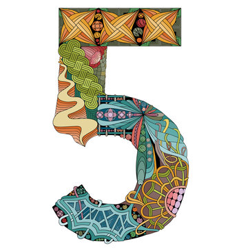 Number five Zentangle. Vector decorative object