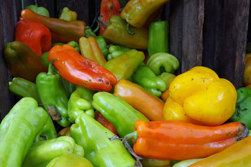 Mixed peppers pour from rustic farm crate