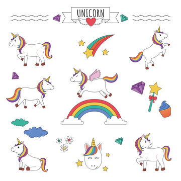Set of Unicorns with rainbow, stars, diamond and other elements. Isolated on white background