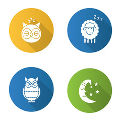 Nighttime flat design long shadow glyph icons set